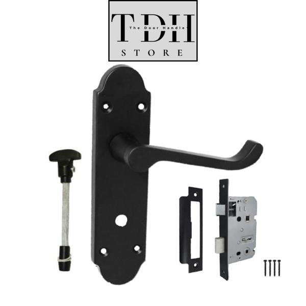 EDH Door Hardware Matt Black Bathroom Door Handles With Sash Lock - Victorian Scroll Door Pack