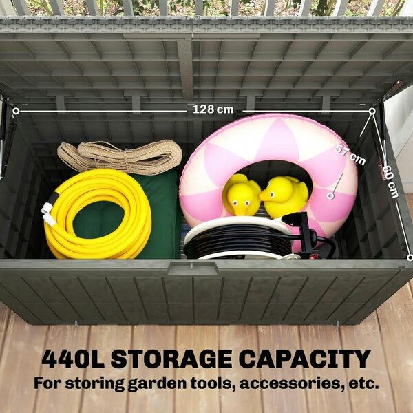 Bobobiy 440L Garden Storage Box, Waterproof & UV Resistant Resin Deck Box with Lockable Lid, Pneumatic Gas Rods, Side Handles