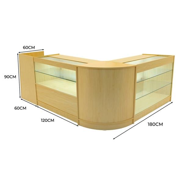 Vega LED Shop Counter Set in maple finish, featuring curved edges, glass display shelves, and dimensions of 180cm x 120cm x 90cm