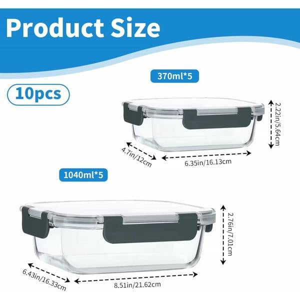 Dyzi 10 Pack Glass Food Storage Containers Airtight Locking Lids 7.05L Set