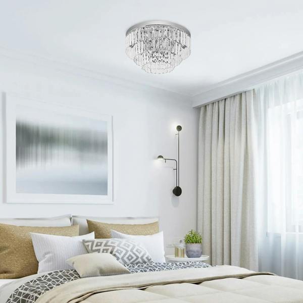 Silver crystallite ceiling chandelier with clear crystal texture and circular chrome top