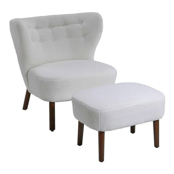 White Boucle Teddy Upholstered Accent Chair with Footstool Lounge Chairs Living and Home