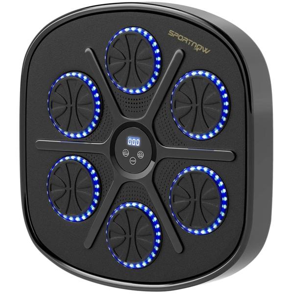 Wall-mounted boxing training machine, black LED-lit touch pads and control buttons