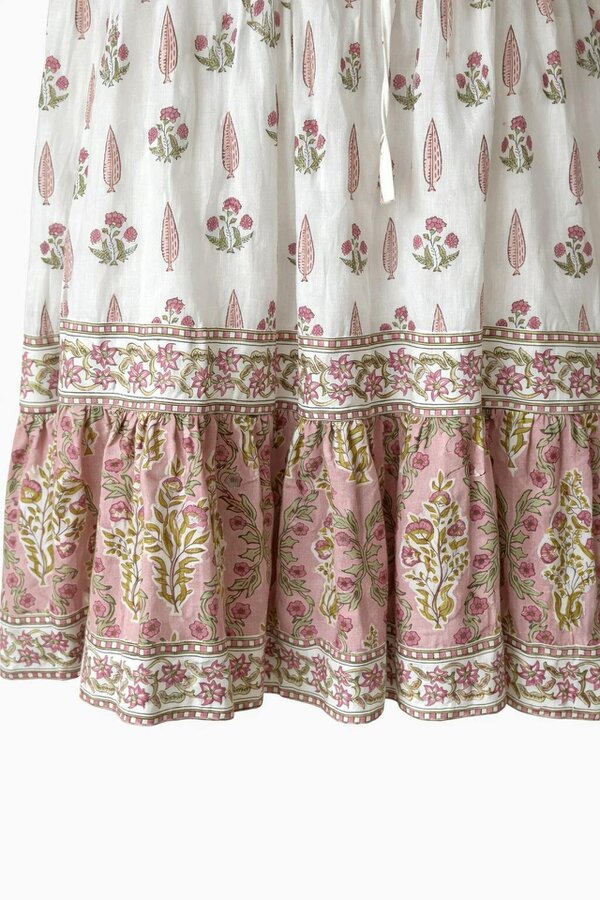 Bella Cream and Pink Wood block printed cotton voile dress