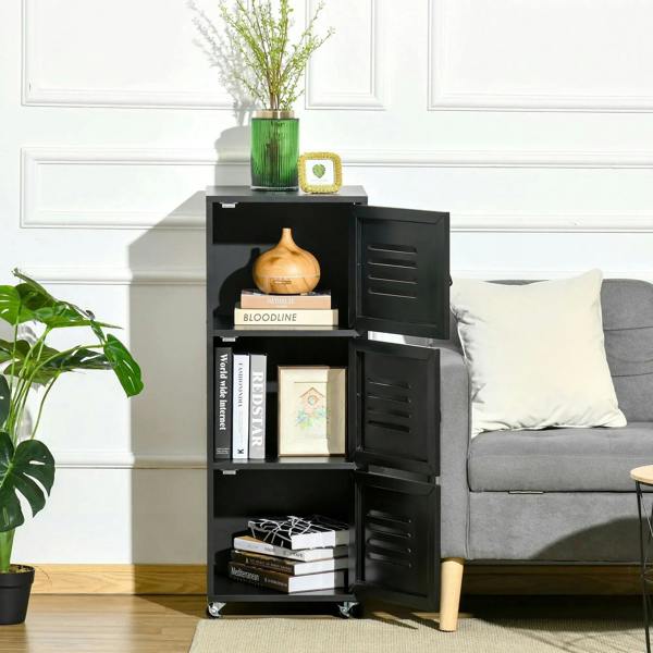 Rolling cabinet with open louvered doors showing stacked storage compartments in black.