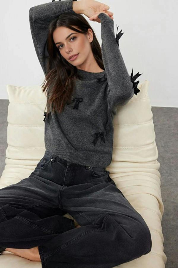 WOVCOR Soft Textured Knit Sweater with Bow Detail