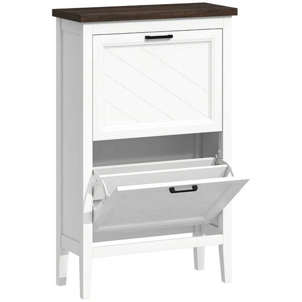 Shoe Cabinet with 2 Flip Drawers, Farmhouse Narrow Shoe Storage Cabinet with Adjustable Shelves, White