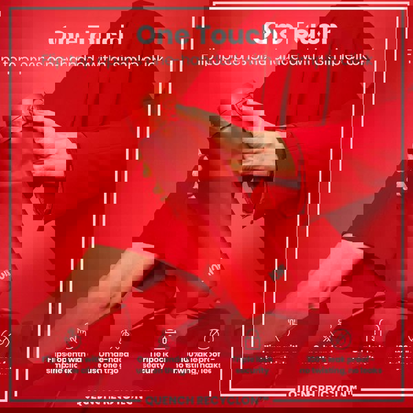 A red water bottle is held; its flip top opens one-handed. The context is a red background; the bottle's brand is ION8. "One Touch. Flip top opens one-handed with a simple click. Flips open with a simple click. One-handed use on the go. Triple lock security. 100% leak proof - no twisting, no leaks. QUENCH RECYCLON™"