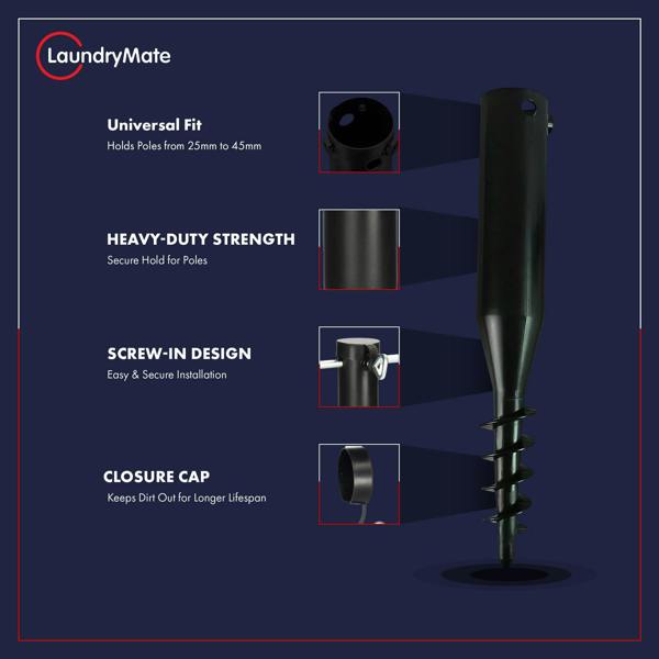 Laundry Mate Rotary Washing Line Spike – Clothes Airer Spike with Screw-In Design, Metal Turning Rod & Protective Cap, Fits 25/30/35/40/45mm Poles