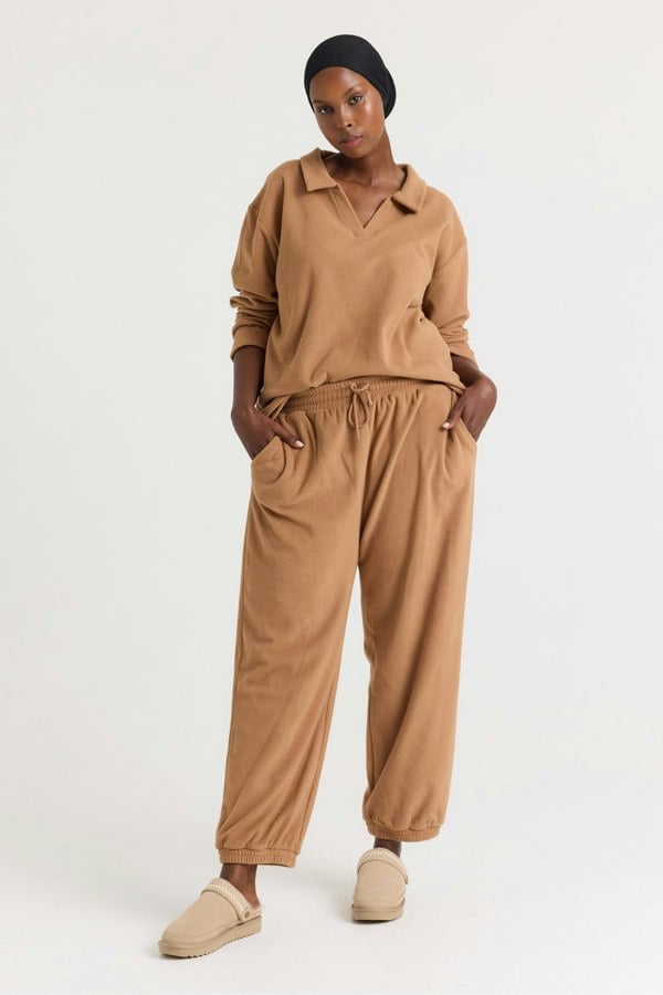 Fleece Lounge Set in Tan - Loungewear