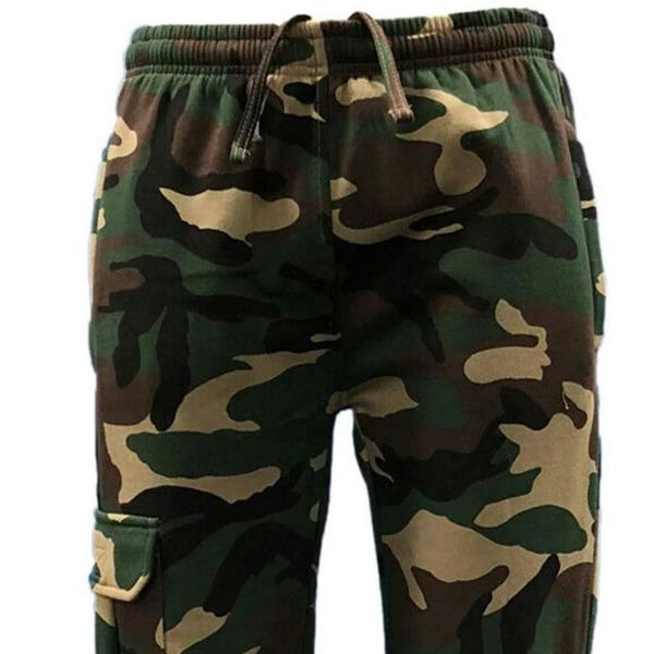 Elasticated waist and drawcord on men's camouflage joggers ensures secure fit