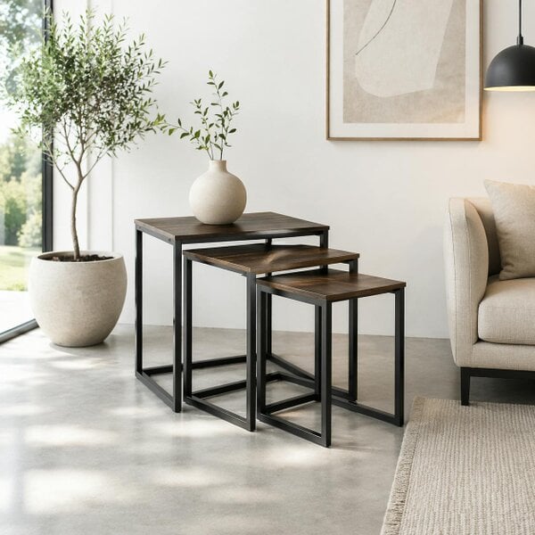 Wyld Haus Supa Metal Rustic Brown Set Of 3 Nesting C ShaFauxd Side Tables With Steel Frame
