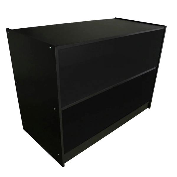 Sleek black retail shop counter with a smooth finish, featuring two spacious shelves for display and storage, ideal for stores
