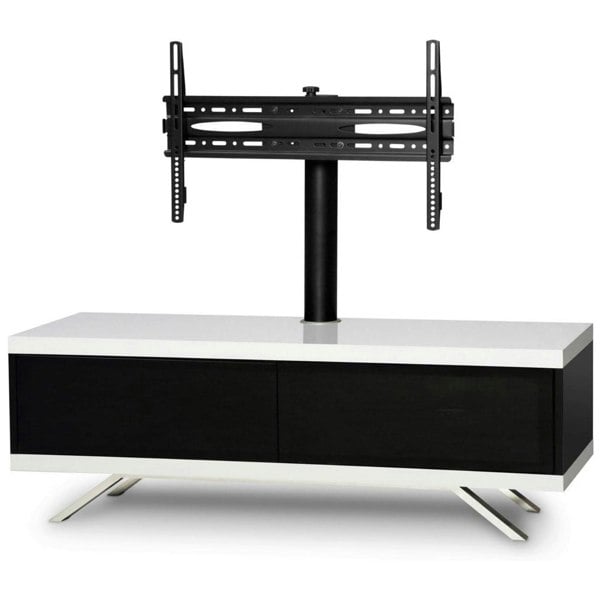 MDA Designs TUCANA 1200 Hybrid Black White TV Stand BeamThru Remote-Friendly Doors up to 60" Flat Screen TV Cabinet with Mounting Arm