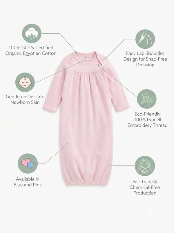 Organic newborn gown features - 100% GOTS-certified Egyptian cotton, 
lap shoulder design and Lyocell embroidery thread, Prima Cotton
