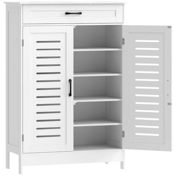 Bobobiy Shoe Cabinet with Louvered Doors, Modern Shoe Storage Cabinet with Drawer and Adjustable Shelves, White