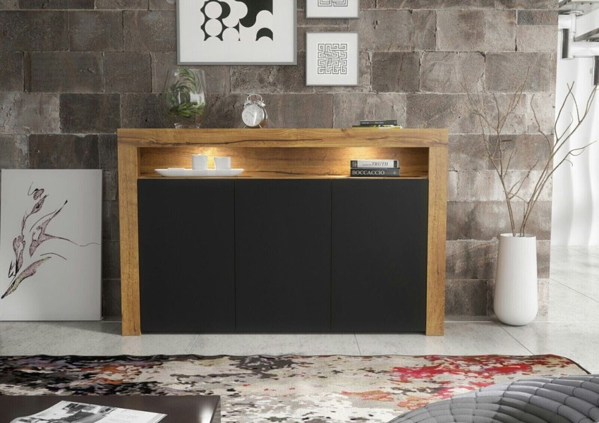 Mex Furniture Contemporary 155cm Sideboard TV Stand Cupboard Cabinet – Black Matt Doors & Free LED