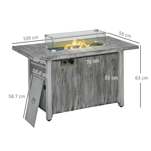 Grey gas fire pit table with glass wind screen and side control panel