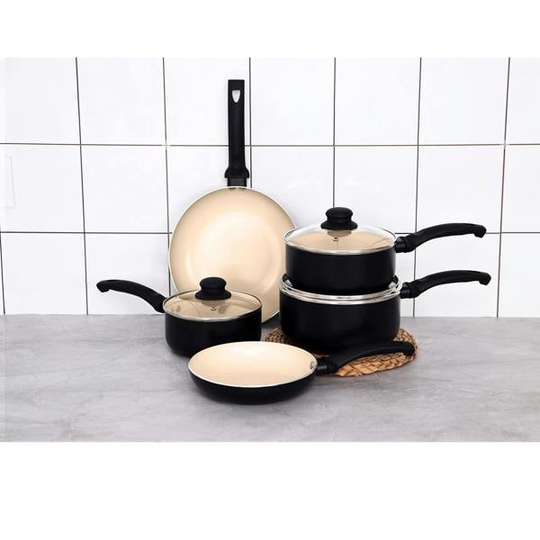 Gr8 Home Aluminium 8 Pc Marble Ceramic Non Stick Induction Frying Pan Saucepan Set Cream