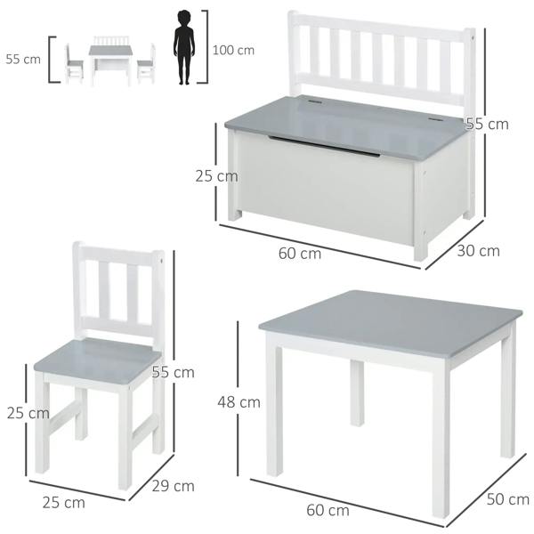 Kids table and chair set with grey table top, white bench and two chairs, size diagram