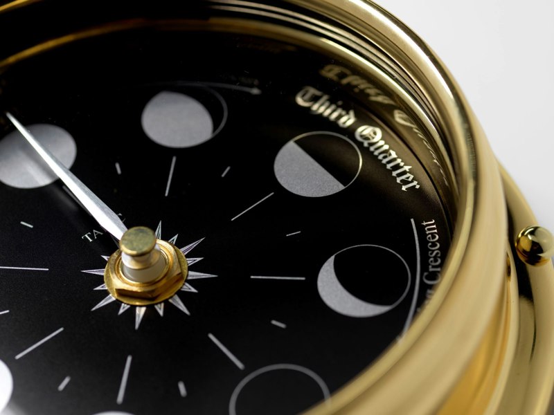 Handmade Prestige Moon Phase Clock in Solid Brass With A Jet Black Dial created with a mirrored backdrop - TABIC CLOCKS