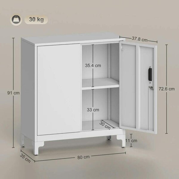 Lockable Metal Filing Cabinet, 2-Tier Storage Cupboard with Double Doors, Modern Office Organiser, White