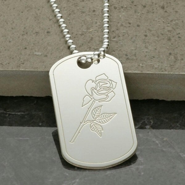 Christopher James of London Sterling Silver English Rose Dog Tag With Optional Engraving
