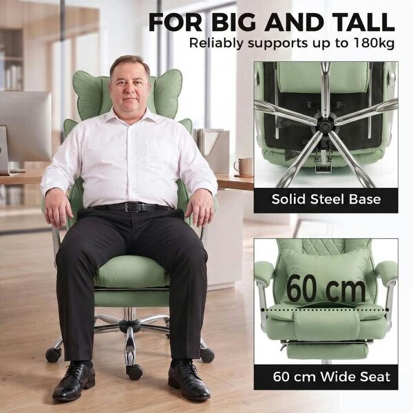 Executive Office Chair, PU Big and Tall Office Chair 180 kg with Wide Seat, Reclining, Lumbar Support, Light Green