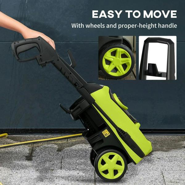 Green portable pressure washer on wheels with top handle and front spray gun holder