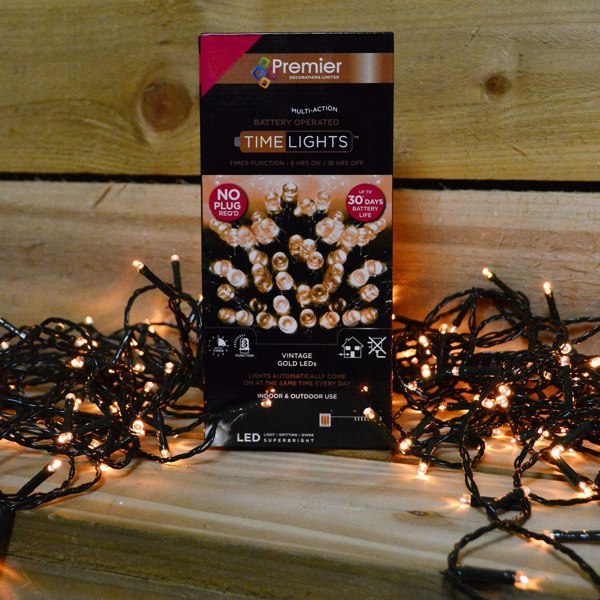 Samuel Alexander 200 LED 20m Premier Christmas Indoor Outdoor Multi Function Battery Operated String Lights with Timer in Vintage Gold