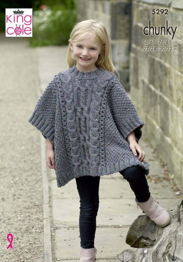 King Cole Chunky Tweed Knitting Pattern 5292, Ponchos, Headwear for Kids, 22 - 32 Inches
