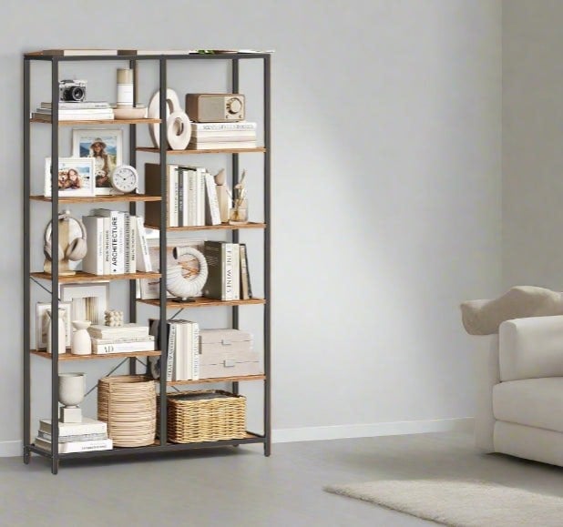 Modcraft 5-Tier Rustic Brown & Black Industrial Bookcase with 10 Compartments
