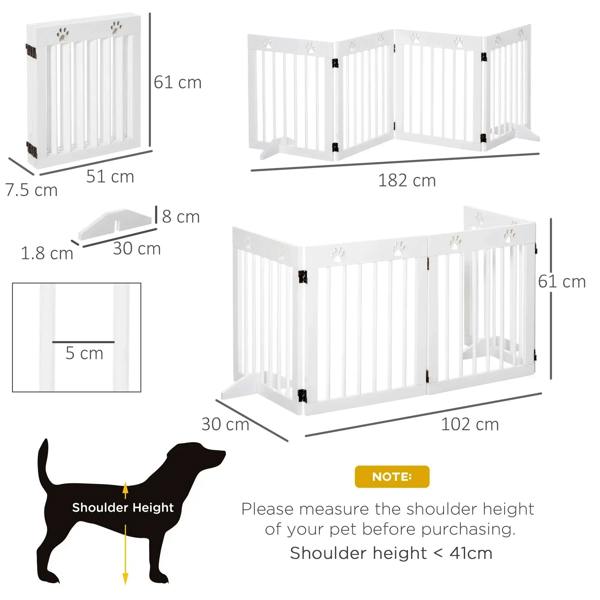 White pet gate folding panels with vertical bars and paw-print top details; size diagram