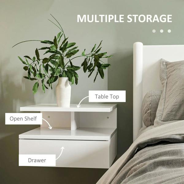 White floating bedside table with open shelf and drawer, wide tabletop