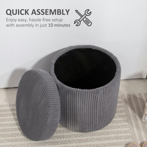 Wyld Haus Yoluha Round Grey Corduroy Storage Footstool With Removable Lid