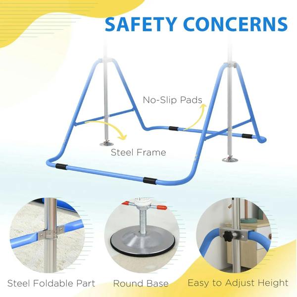 Blue folding kids gymnastic bar showing steel frame, round base, and non-slip pads