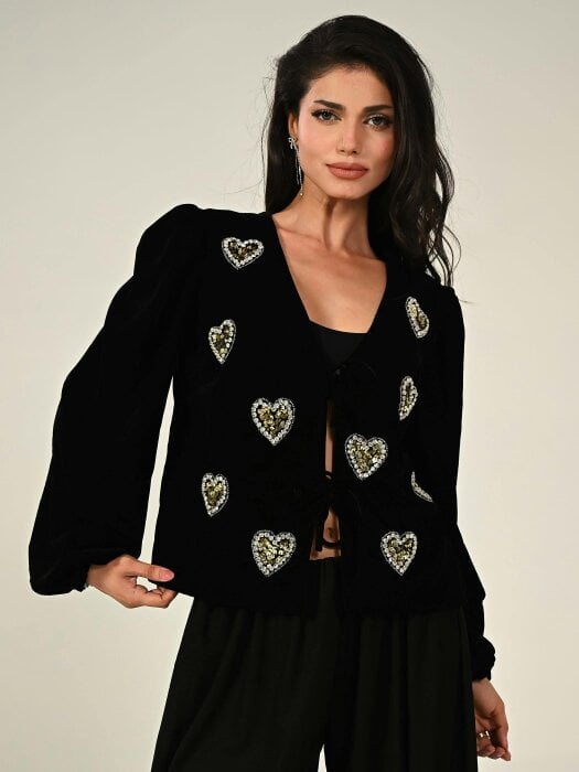 Rose & Nancy Rosheen Black Velvet Hand Embellished Heart Tie Front Top