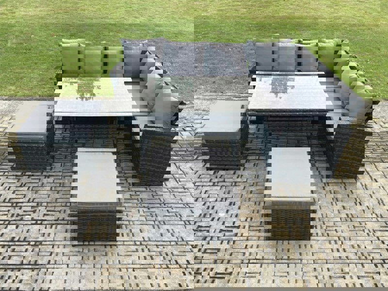 Fimous 8 Seater Outdoor Furniture Garden Dining Set Rattan Corner Sofa Set with Rectangular Dining Table Big Footstool Dark Grey Mixed