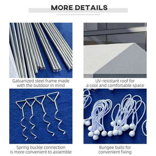 More details of light grey marquee gazebo: galvanized frame rods and string lights