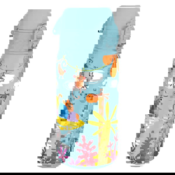 A light-blue water bottle, featuring a jungle scene with monkeys, a giraffe, and other animals, sits on a white background.