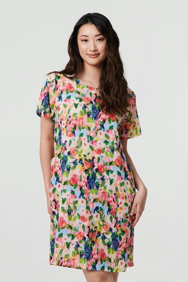 Pink | Floral Short Sleeve Shift Short Dress
