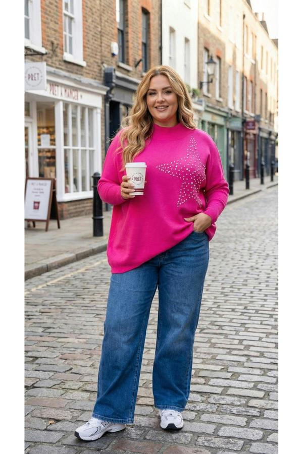 Jaira Oversized Knitted Jumper With Studded Star Detail - Pink