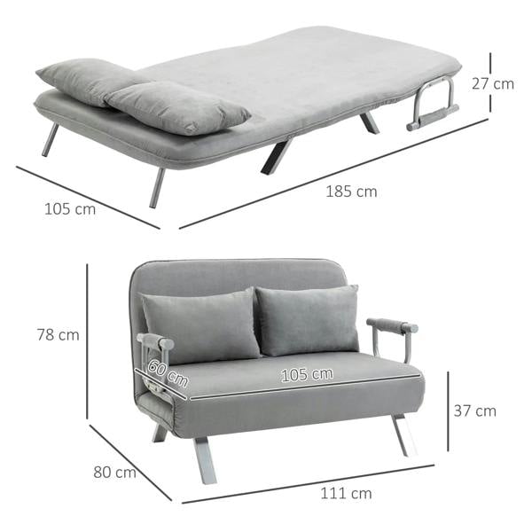 Light grey click-clack sofa bed laid flat with two cushions