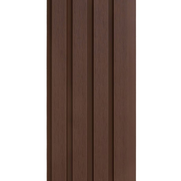 WPC slatted wall cladding panels in rich brown, featuring a textured finish and sleek vertical lines for modern decor