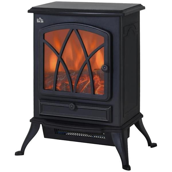 Black freestanding electric fireplace heater with arched tempered-glass flame window