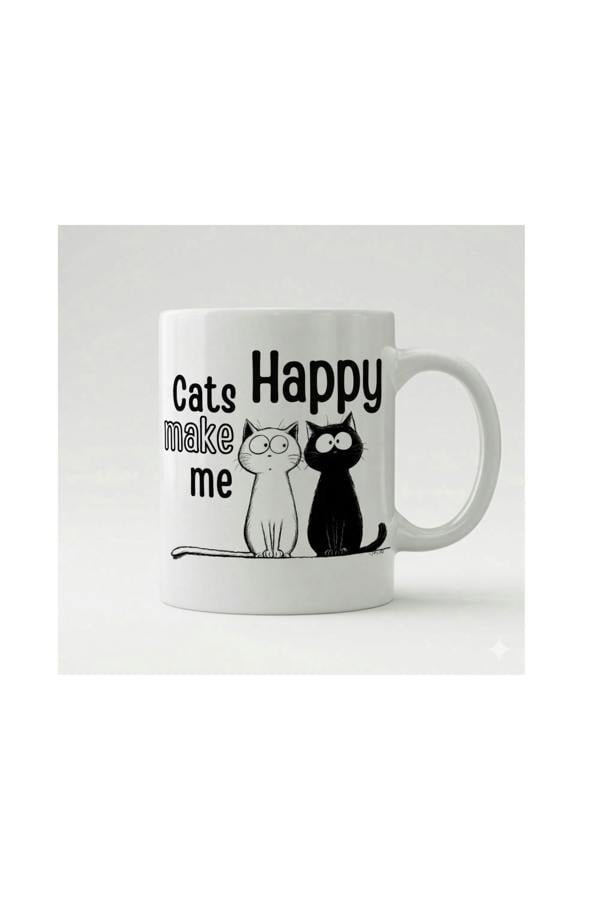 Dyzi Cats Make Me Happy Quote Ceramic Coffee Mug White