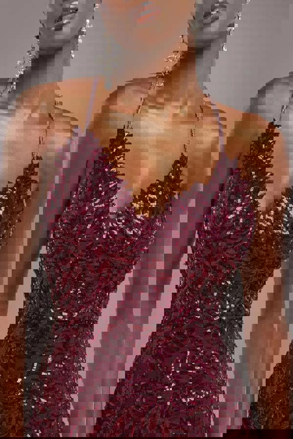 Cross Back Diamante Strap Sequin Maxi - Burgundy DR4009