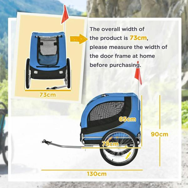 Blue pet bike trailer with side door mesh and visible hitch coupler frame