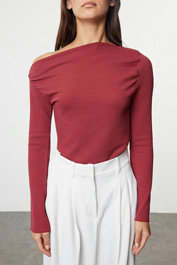 WOVCOR Draped Boat Neck Asymmetrical Long Sleeve Knit Blouse