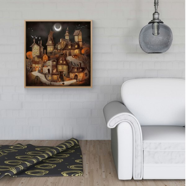 Warren Reed Spooky Halloween Village Framed Canvas